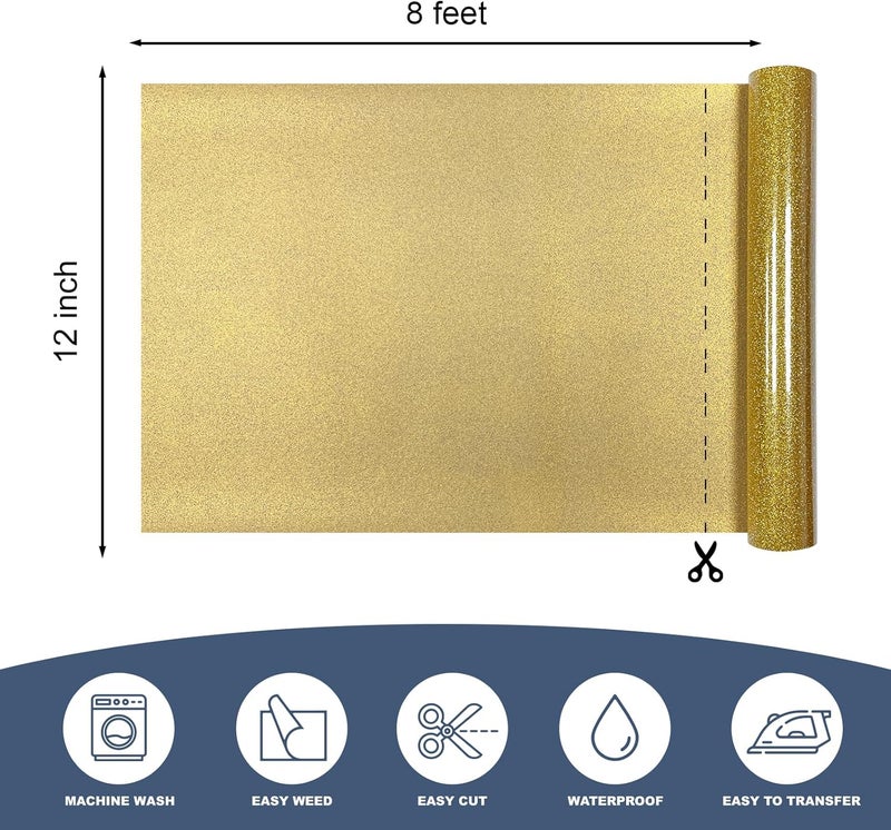 MerryMade Gold Glitter Heat Transfer Vinyl 12" x 8 ft HTV for Shirts, Glitter HTV for All Cutter Machine - Easy to Cut & Weed for Heat Vinyl Design - Image 2